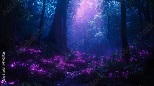 Wallpaper Mural Neon flowers glowing softly scattered through dark forests shadows picture Torontodigital.ca