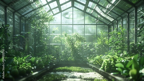 A vibrant greenhouse filled with various healthy plants, utilizing advanced technology for optimal growth in a serene, sunlit environment