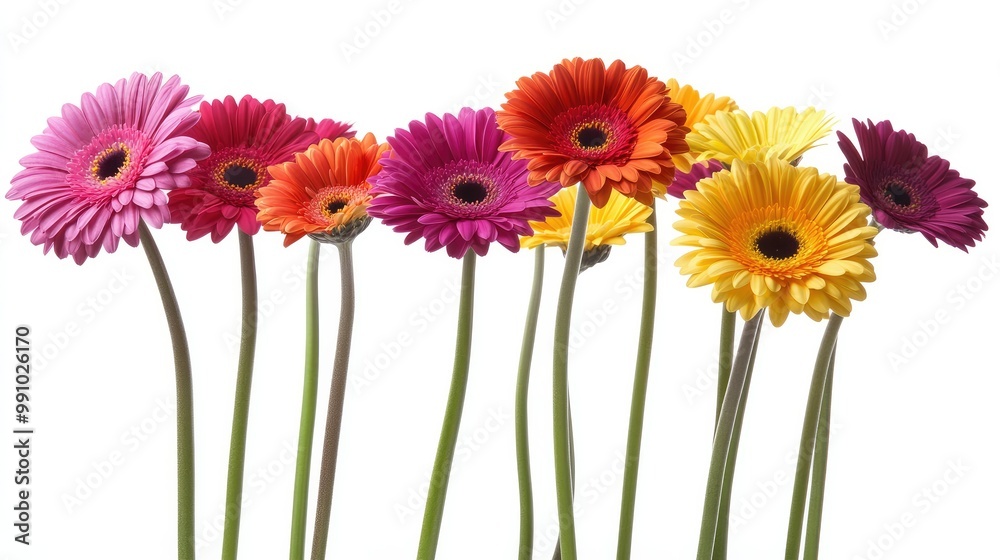 A vibrant bunch of colorful daisies, standing tall on a white background, offering a burst of color and happiness in floral design. A vibrant bunch of colorful daisies, standing tall on a white background, offering a burst of color and happiness in floral design.
