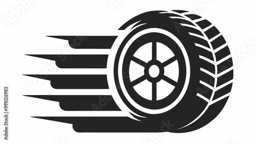 Stylized black tire on white background conveys rapid motion with thin lines, blue tints in arrow formation. Textured pattern, white outline, fast streaks imply speed and dynamism.