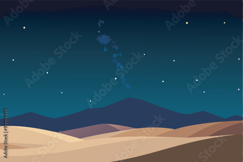 A stunning night sky over a desert with vivid stars, a river separating dunes from mountains, and T-Rex and cat constellations. Dark green mountains contrast the deep sky.