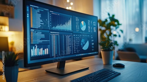 Computer monitor displaying financial data with charts, graphs, and tables on a desk in a home office.