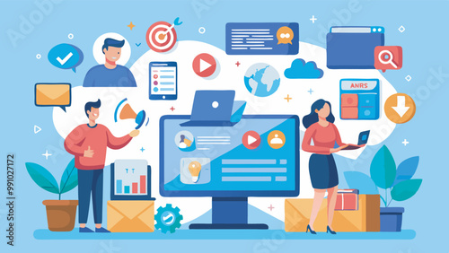 Two people collaborate in a tech office with digital tools and icons. They discuss content on large monitors in a positive, interactive atmosphere.