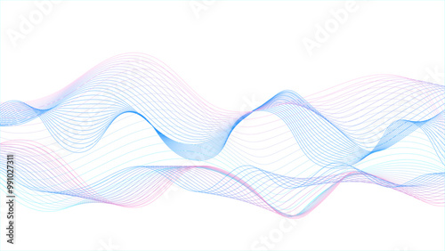 Wavy flowing curve pattern by colorful gradient blue purple pink on white background. Abstract colorful flowing wave lines isolated on white background.