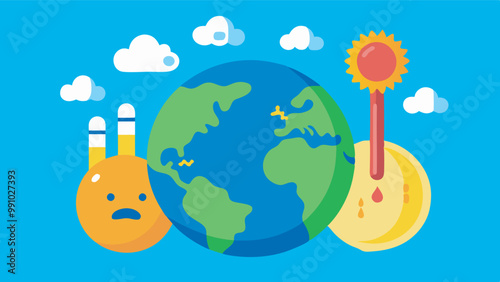 Image: Earth & factory in distress due to climate change. Earth with sad expression, factory affected by heat, clouds, extreme heat symbolize global warming impact.