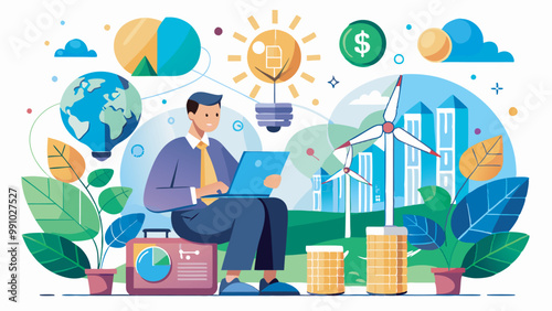Businessman, laptop, eco-friendly focus with wind turbines, profitable business symbols, global innovation hints, money signs – all imply success and environmental consciousness.