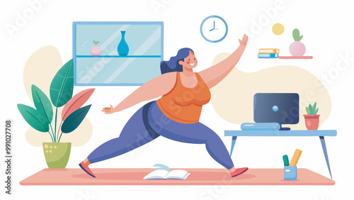 Full Woman in a bright room doing yoga, colorfully dressed, with a laptop nearby for online classes. bodypositive
