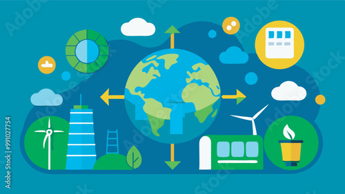 Conceptual illustration: Earth model with green plants, renewable energy sources in circular arrangement, energy efficiency icons, blue background.