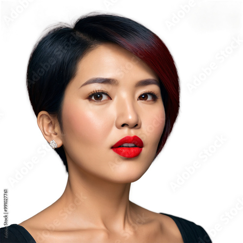 Middle aged Southeast Asian woman with short hair and red lipstick attractive face piercing eyes. Essence of diverse femininity.