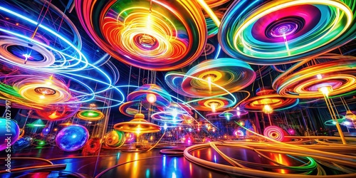 Vibrant abstract light installation with swirling shapes and colors, evoking a sense of warmth and energy, perfect for backgrounds, textures, or art-inspired designs.