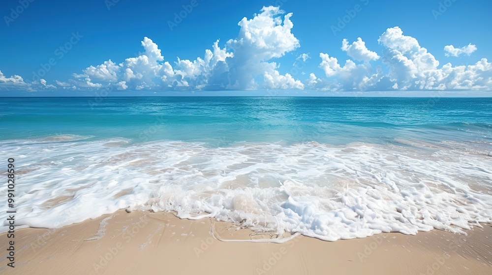 A captivating seaside ocean natural scenery. The ocean stretches as far as the eye can see, its waves rolling in with a soothing rhythm. The sky above is a beautiful blend of blues and whites. The san