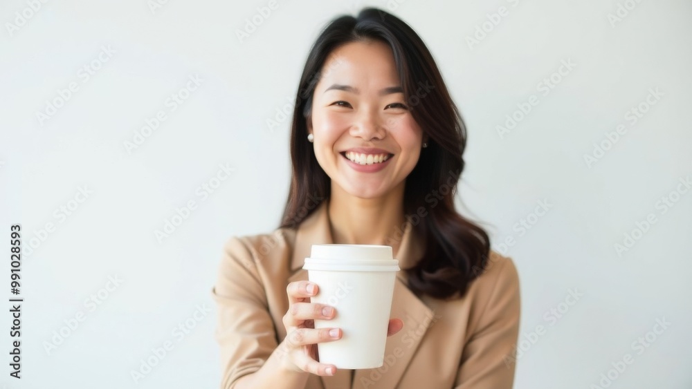 Asian woman standing with paper cup for takeaway coffee drinks or tea on white background. Place for text Asian woman standing with paper cup for takeaway coffee drinks or tea on white background. Place for text