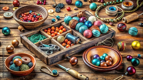 Vibrant beads, threads, and findings scattered across a wooden workbench, with intricate wire-wrapped pendants and earrings in various stages of creation, surrounded by creative chaos. photo