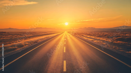 Open road stretching into the horizon with a golden sunset casting long shadows