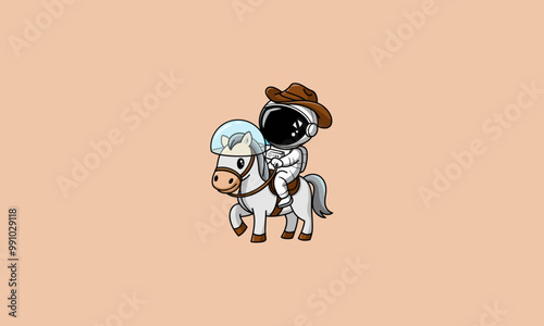 Astronaut wearing cowboy hat riding a space horse.