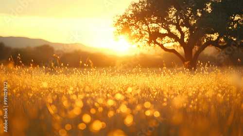 Golden sunset illuminating a serene field with a solitary tree, creating a peaceful natural ambiance.