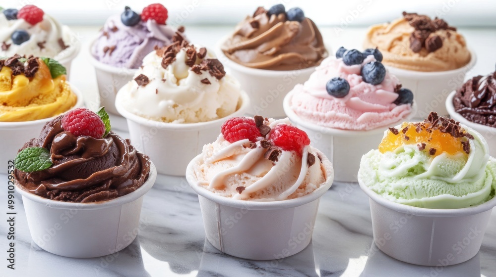 Closeup of assorted ice cream flavors in paper cups, on marble countertop. Closeup of assorted ice cream flavors in paper cups, on marble countertop.