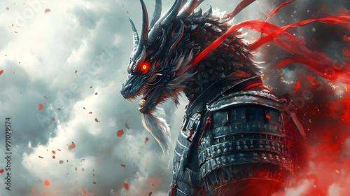 A fierce dragon warrior adorned in armor, with glowing red eyes and a dramatic backdrop of swirling clouds and crimson hues. photo