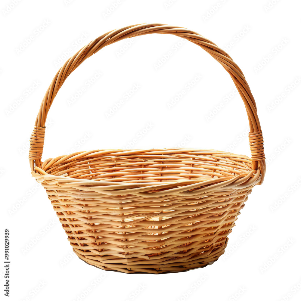Empty wicker basket, isolated on transparent, perfect for home decor and storage solutions.