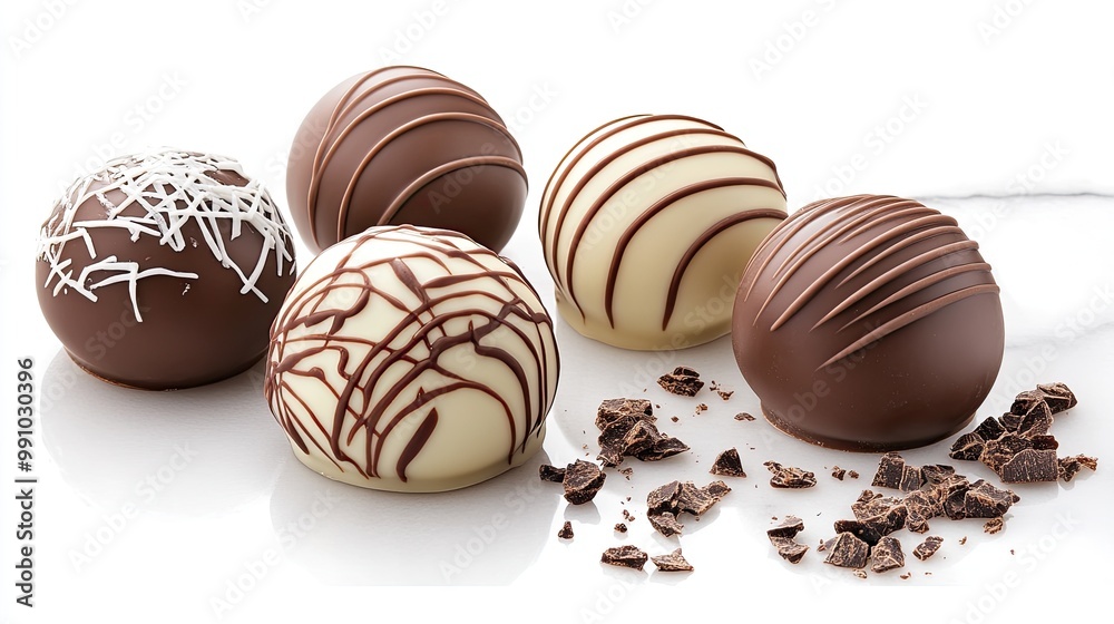 Four assorted chocolate truffles arranged on a smooth white marble surface, showcasing various intricate designs and cocoa shavings for added texture Four assorted chocolate truffles arranged on a smooth white marble surface, showcasing various intricate designs and cocoa shavings for added texture