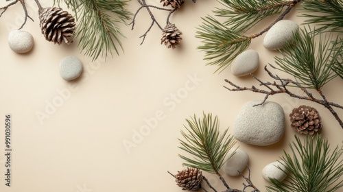 Abstract Nature Scene: Pine Branches, Stones, and Dry Snags.