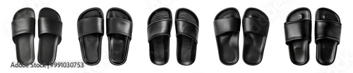 pair of black slip-on slippers sandals isolated on a transparent or white background, top view, cut-out, PNG	