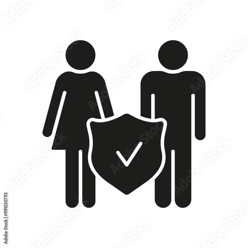 Man And Woman Silhouette Icon With Shield Symbol. Safety, Security, Strong Immune System for Family. Healthy Couple. Isolated Vector Illustration