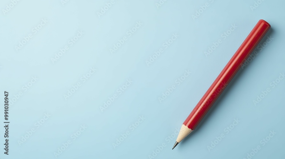 Vibrant Red Pencil Resting on a Bright Blue Background, Showcasing a Simple yet Striking Contrast in Color and Design, Ideal for Creative and Educational Themes Vibrant Red Pencil Resting on a Bright Blue Background, Showcasing a Simple yet Striking Contrast in Color and Design, Ideal for Creative and Educational Themes