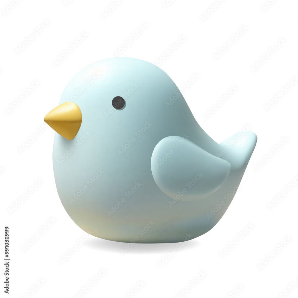 3d render bird in pastel blue color. Cute bird, kids toy. Realistic 3d design element in plastic style.