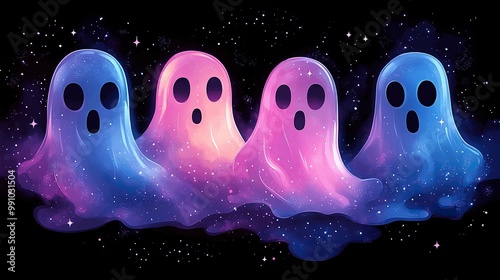 Many simple, cute cartoon ghosts in pink and blue neon colors against a black background in a pastel goth style.