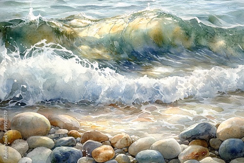 Watercolor painting of a close-up of waves gently washing over pebbles, highlighting textures and light reflections. photo