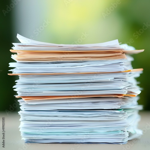 A neatly stacked pile of paper documents, showcasing various colors with a blurred background, implying organization or paperwork.