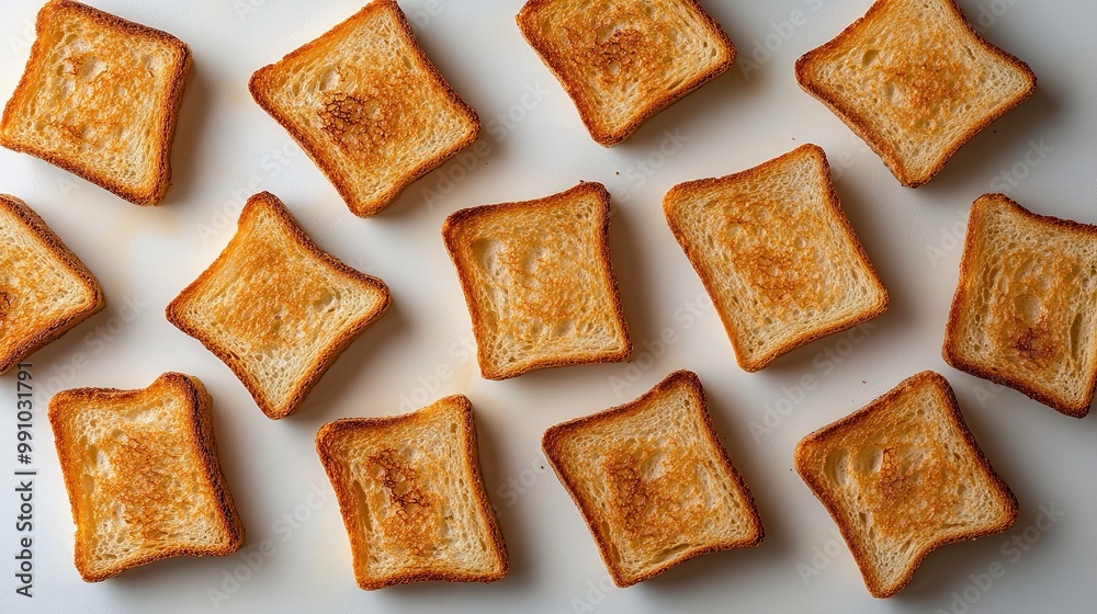 Many toasted bread pieces float in mid-air against a white background. Many toasted bread pieces float in mid-air against a white background.