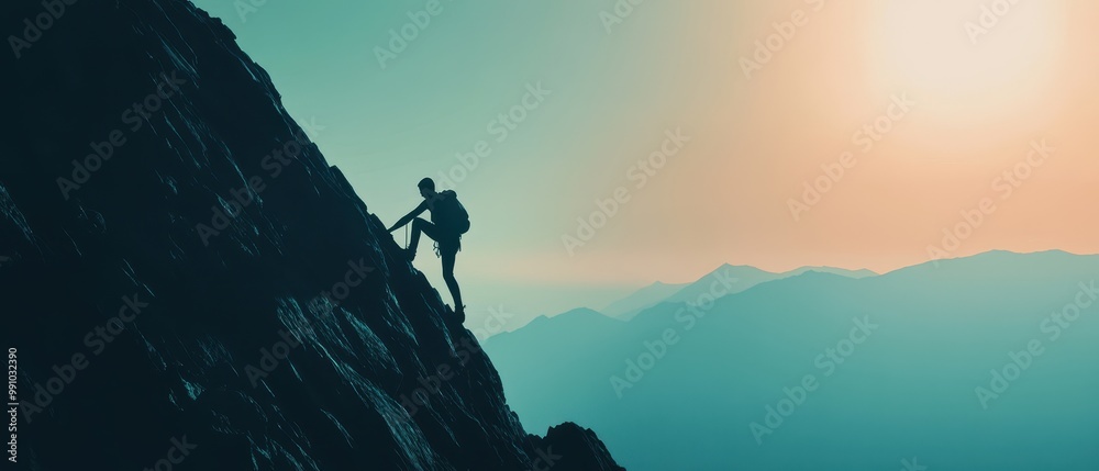 A silhouette of a climber ascending a rocky mountain, showcasing determination against a backdrop of a vibrant sunset.