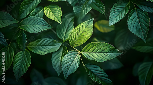 Low key green leafs dark nature background : Generative AI