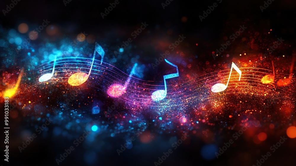 Fototapeta premium Musical notes depicted with a vibrant rainbow sparkle.