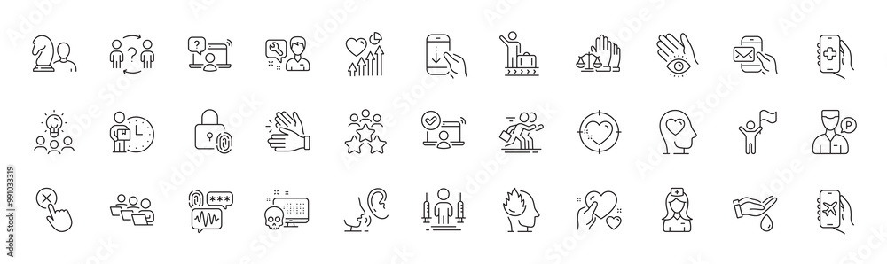 Clapping hands, Biometric security and Heart beat line icons. Pack of Teamwork, Ð¡ompetition, Court jury icon. Heart target, Fingerprint lock, Repairman pictogram. Flight mode. Line icons. Vector