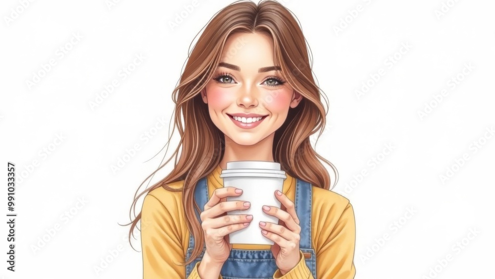 A young girl stands with a paper cup for takeaway coffee drinks or tea on a white background. Place for text A young girl stands with a paper cup for takeaway coffee drinks or tea on a white background. Place for text