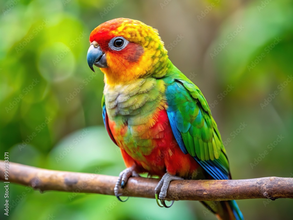 Vibrant, iridescent feathers adorn the tiny, 3.5-inch-long Buff-faced Pygmy Parrot, perched on a delicate branch, showcasing its remarkable miniature size and striking plumage colors. Vibrant, iridescent feathers adorn the tiny, 3.5-inch-long Buff-faced Pygmy Parrot, perched on a delicate branch, showcasing its remarkable miniature size and striking plumage colors.