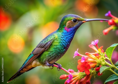 Vibrant iridescent feathers glisten on a diminutive hummingbird perched on a delicate flower petal, its slender beak sipping nectar in a lush tropical garden setting.