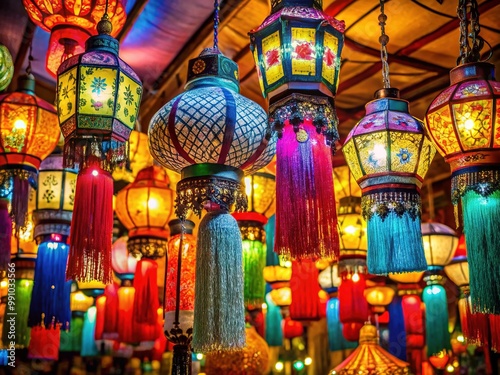 Vibrant Korean lanterns adorned with tassels and intricate designs hang from the ceiling of a bustling traditional market at night, casting a warm and colorful glow. photo