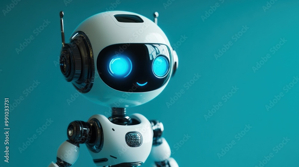 Friendly robot with blue glowing eyes on turquoise background. Friendly robot with blue glowing eyes on turquoise background.