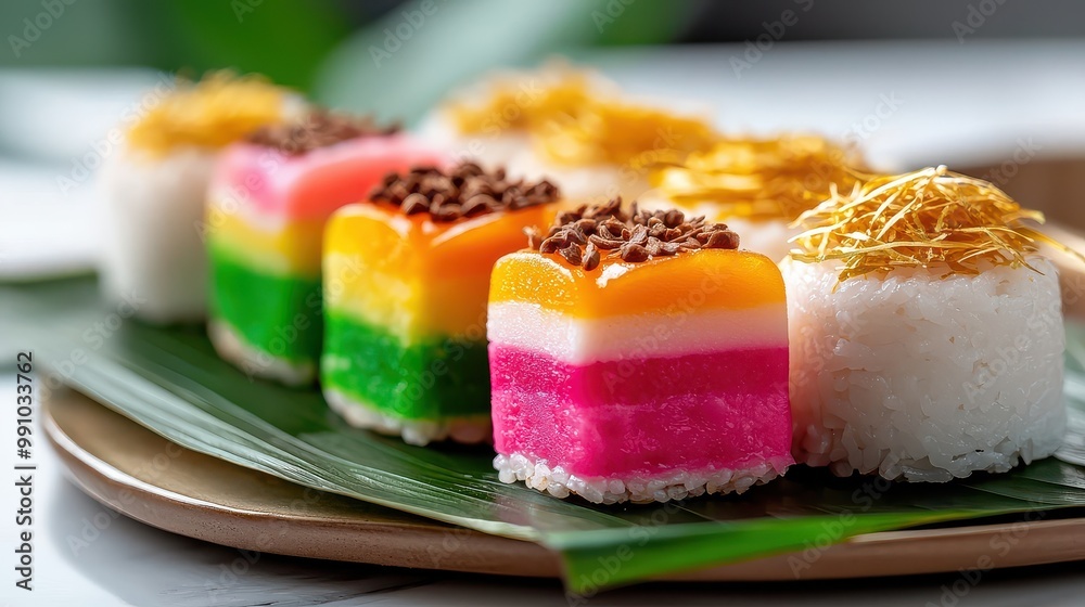 A plate of colorful desserts with a green leaf on top. The desserts are arranged in a row, with some being more colorful than others. The plate is placed on a white table