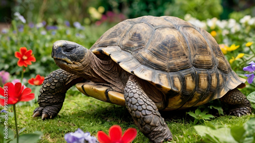 A wise tortoise making it's way in a garden with flowers photo