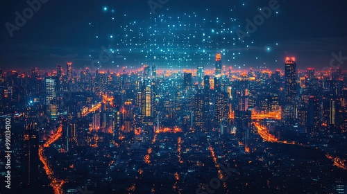 Night view of a digitally connected city.