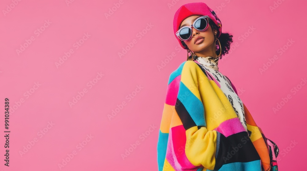 Stylish woman in a colorful knitted sweater and sunglasses looking away against pink background. Stylish woman in a colorful knitted sweater and sunglasses looking away against pink background.