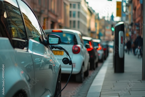 Electric vehicle charging in a city street with traffic and urban buildings in the background.