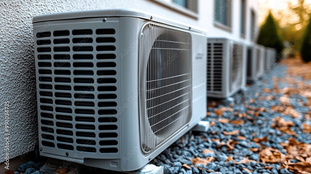 Outdoor units of an air conditioner installed on the ground in a ...