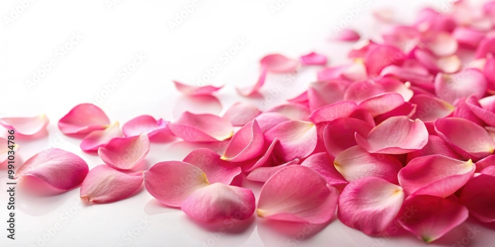 Obraz premium Pink rose petals scattered on a white background, flowers, pink, romantic, delicate, beauty, nature, soft, petal, bloom