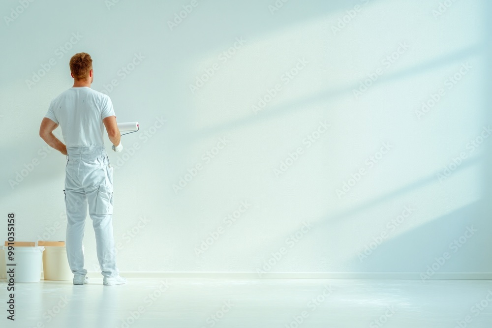 A professional painter in overalls paints a bright white wall in a minimalist, well-lit room A professional painter in overalls paints a bright white wall in a minimalist, well-lit room